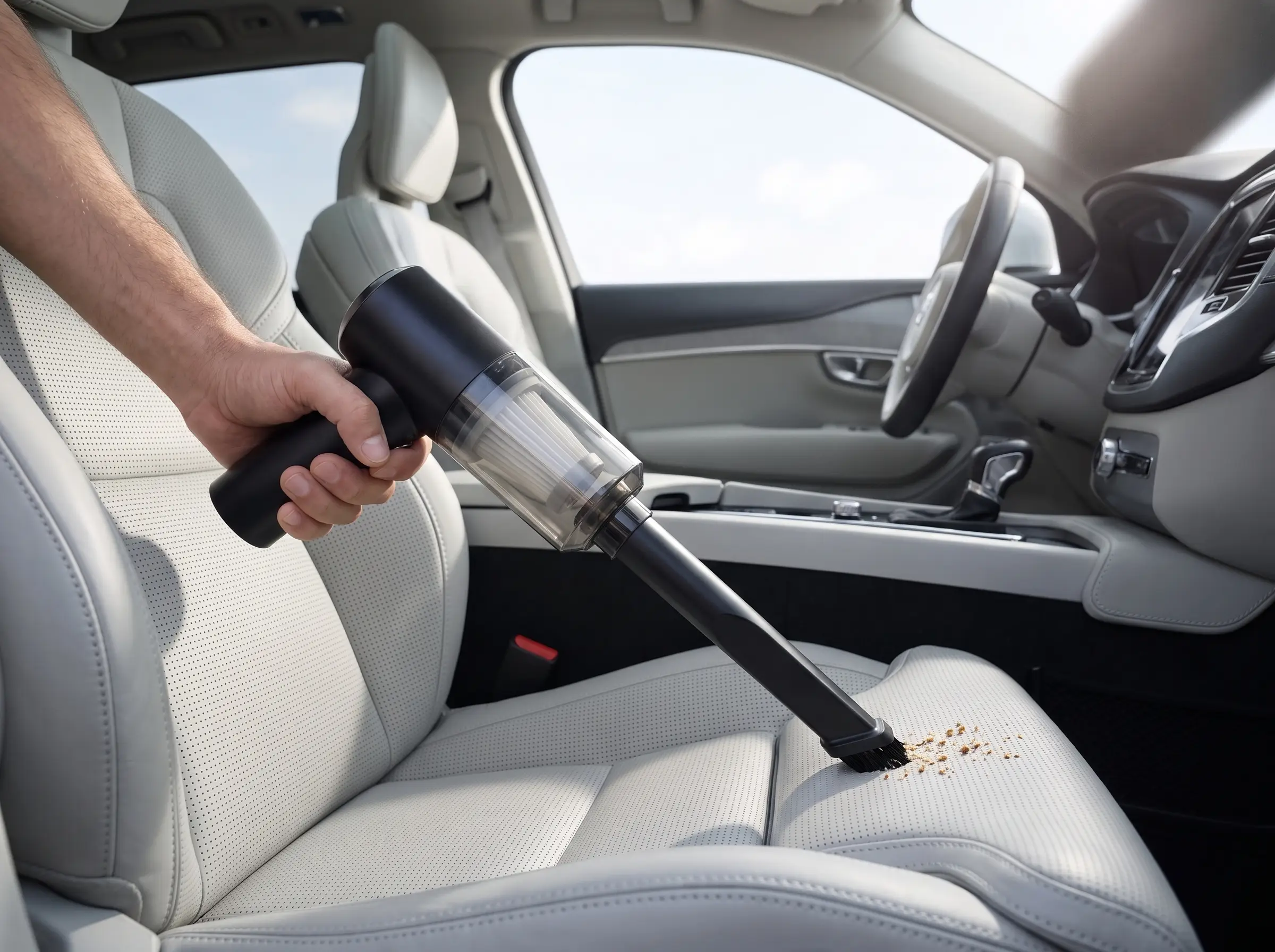 Mão aspirando o banco de couro claro do carro com o mini aspirador sem fio