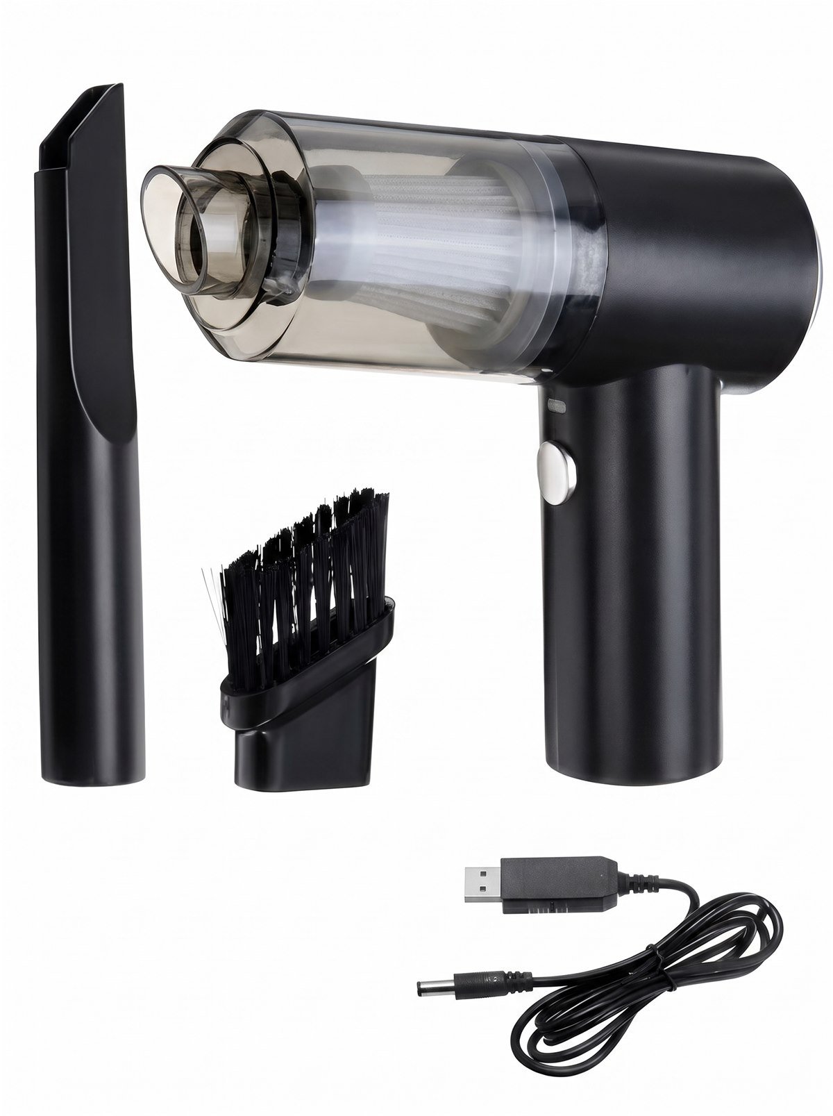 Kit completo do mini aspirador: aparelho, bocal de frestas, escova e cabo USB de recarga